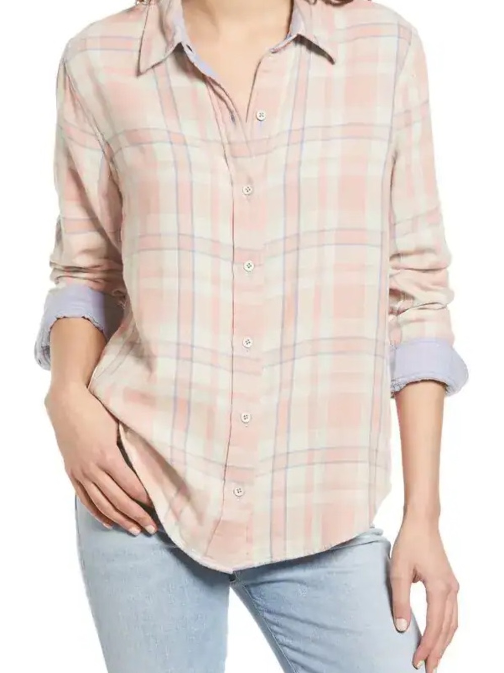 Faherty Belmar Reversible Cotton Button Up Shirt in Pink Plaid / Chambray Blue S